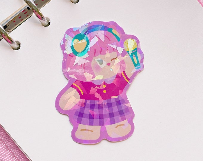 Cute Girl Bear Singing Karaoke Holographic vinyl sticker | 2.5 in