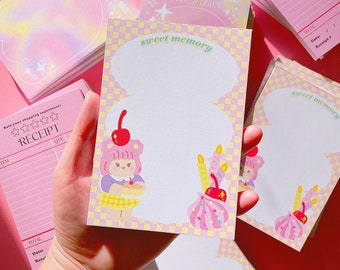 Checker Cute Girl Bear Memo pad | Kawaii pink yellow aesthetic dessert whip cream notepad for bujo planner scrap journal, kpop anime journal