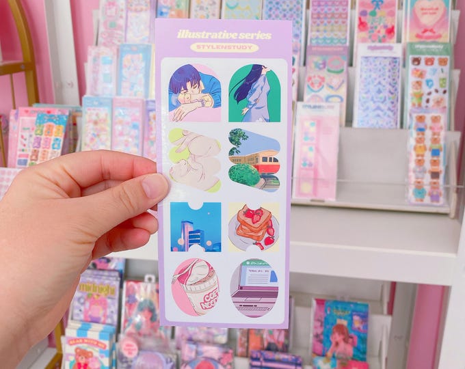 Anime inspired sticker sheet | illustrative series, junk journal, bujo, kawaii stationery, planner stickers, anime journal stickers