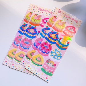 Hoja de calcomanías para pasteles de cumpleaños estilo retro holográfico / Pasteles kawaii lindos y coloridos, calcomanías para pasteles coreanos, diario de kpop, diario de anime, planificador, bujo