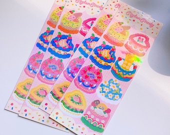 Holo Retro style Birthday Cake sticker sheet | Colorful cute kawaii cakes, korean cake stickers, kpop journal, anime journal, planner, bujo