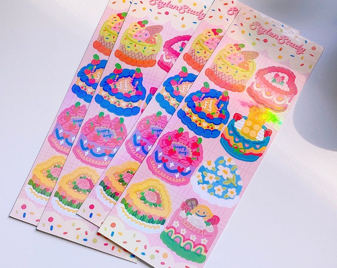 Holo Retro style Birthday Cake sticker sheet | Colorful cute kawaii cakes, korean cake stickers, kpop journal, anime journal, planner, bujo