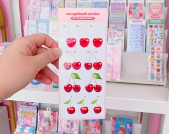 Aesthetic vintage red cherry sticker sheet | scrapbook series, junk journal, bujo, kawaii stationery, planner stickers, fruit sticker