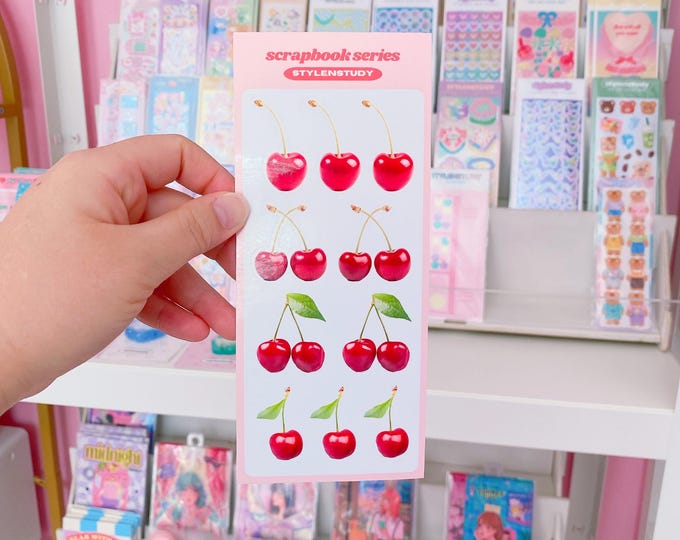 Aesthetic vintage red cherry sticker sheet | scrapbook series, junk journal, bujo, kawaii stationery, planner stickers, fruit sticker