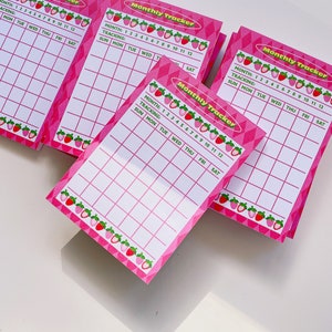 Aesthetic Strawberry Monthly Tracker Memo pad, cute kawaii note pad, planner, habit tracker, goal tracker, stationery office supplies gift