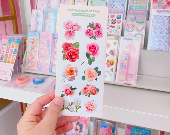 Girly cute Rose flower sticker sheet | scrapbook series, junk journal, bujo, kawaii stationery, coquette, planner stickers, floral design