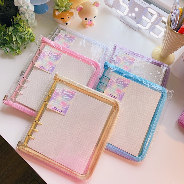 NEW*** A6 SQUARE Zipper Binder Diary Journal kawaii cute kpop anime polcos journal bujo planner, clear transparent glitter cover notebook