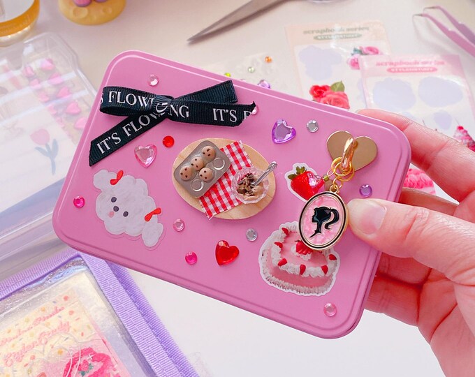 Coquette fully decorated pink tin wallet, trinket storage