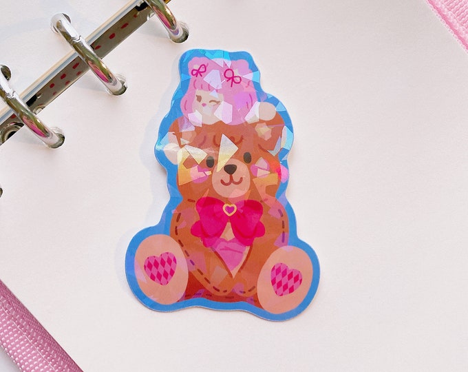 Cute Teddy Bear and Me Club Holographic vinyl sticker | 2.5 in
