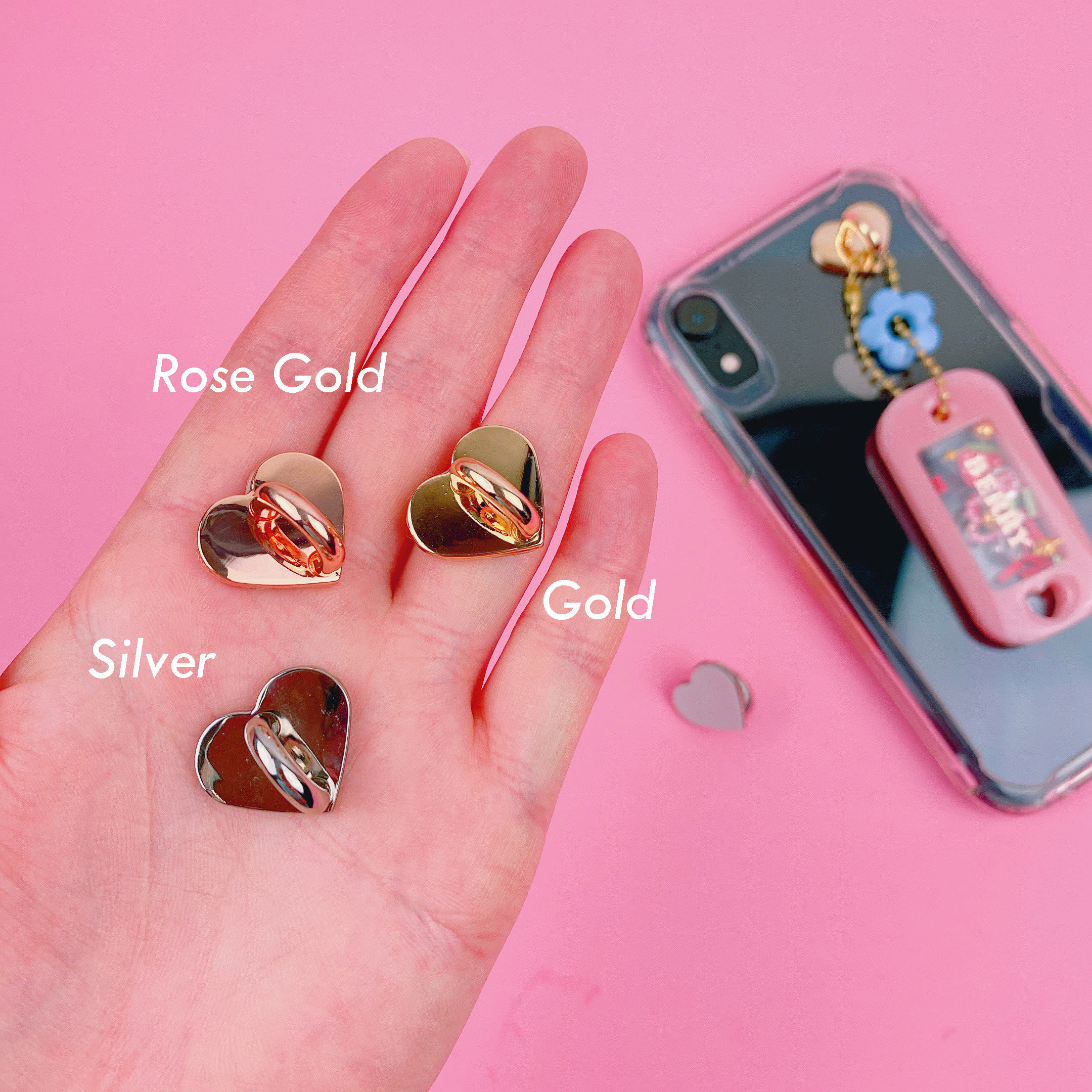 1-4Pcs Mini Kawaii Adhesive Metal Heart Phone Charm Holder Mobile