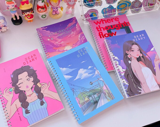 Aesthetic spiral notebooks, graph paper journal, cute girl illustration cover, junk scrapbooking