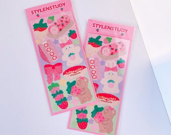 Holographic Cute Strawberry Cream Sticker Sheet | Kawaii cake roll, bunny rabbit, bear character journaling, planner sticker, bullet journal