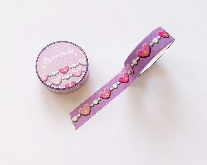 Lavender Purple Heart pearl bead washi tape | kpop journal, polcos, toploader, 6 ring binder, bullet journal, planner, stationery, kawaii