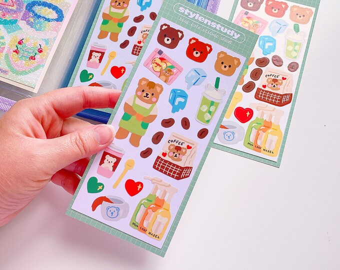 Cute Bear Cafe Sticker sheet | Coffee Ice sugar bear theme sticker bullet journal, planner stickers, 6 ring binder, polcos, toploader deco