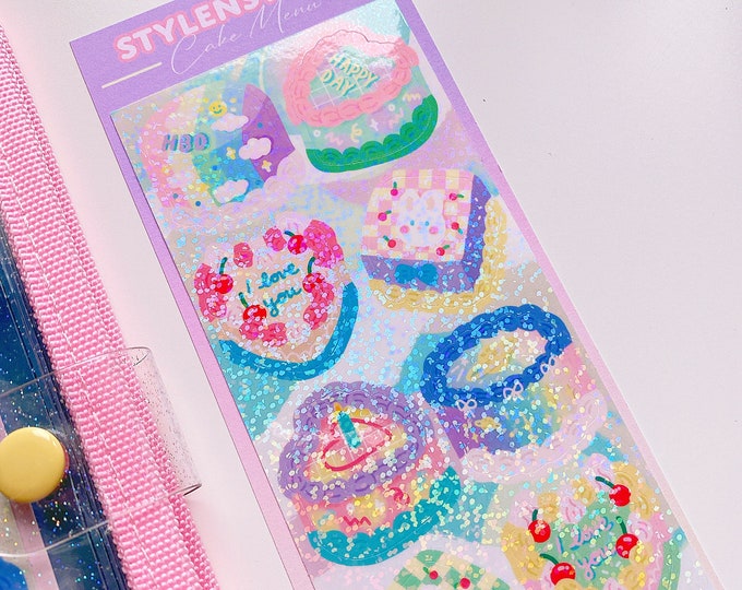 Cute Holographic Pastel cake sticker sheet | kawaii retro colorful korean cake stationery, bujo, notebook deco, diary deco, polcos, planner