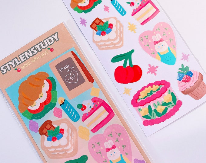 Made with Love sticker sheet | cute food cake croissant bakery theme journal, planner, polcos, toploader, 6 ring binder, bullet journal