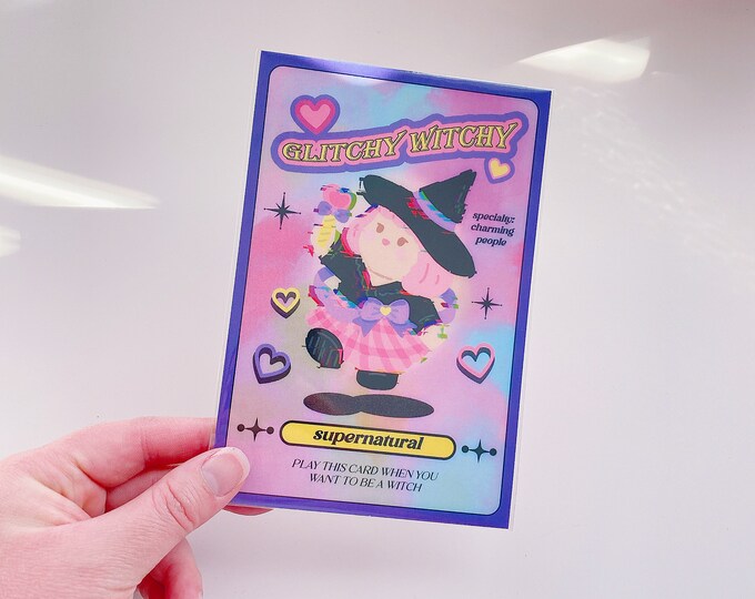 Glitchy witchy art print post card | 4x6 inch wall decor, kawaii art, cute wall art, penpal, kawaii stationery, cute postcard collection