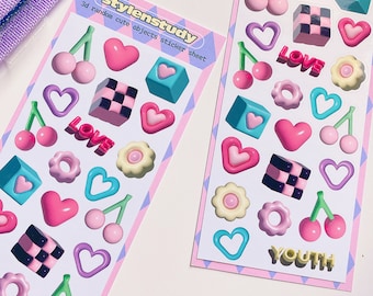 3D Art style Random Cute Objects sticker sheet | Cube Heart Flower Cherry Retro stickers bullet journal, KPOP journal, polcos, diary deco