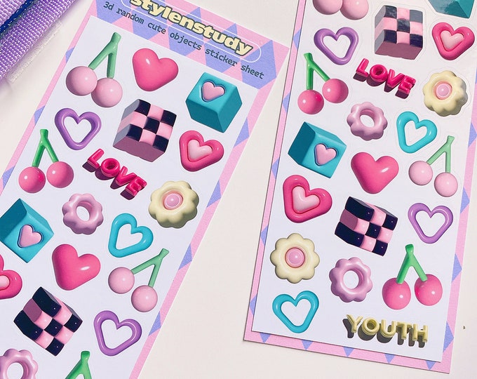 3D Art style Random Cute Objects sticker sheet | Cube Heart Flower Cherry Retro stickers bullet journal, KPOP journal, polcos, diary deco
