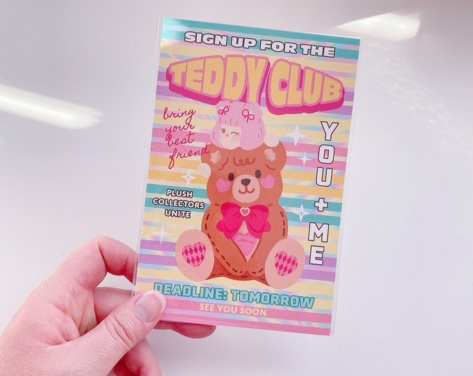 Teddy club art print post card | 4x6 inch wall decor, kawaii art, cute wall art, penpal, kawaii stationery, cute postcard collection