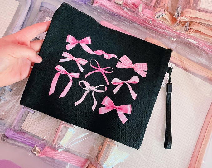 Cute pink bow design zipper bag | small item, makeup bag, writing pen bag, journal scrapbook supplies, coquette, pencil pouch bag