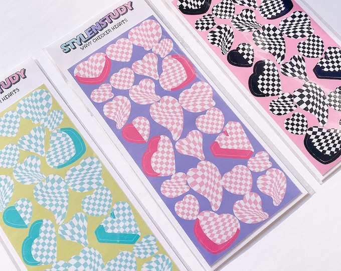 Wavy Checker Hearts Sticker sheet | Retro groovy checker pattern stickers kpop journal, polcos, toploader deco, planner, bullet journal