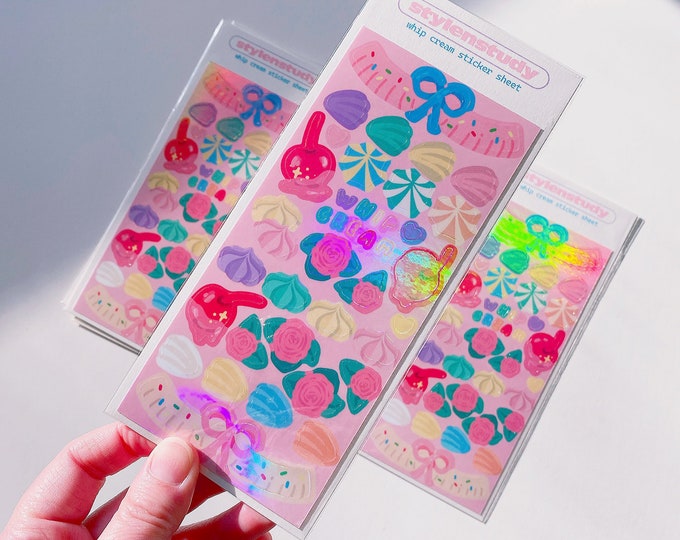 Rainbow holographic Whip Cream deco sticker sheet | Cute kawaii cherry cake cream stickers bujo, planner notebook, polcos, toploader deco