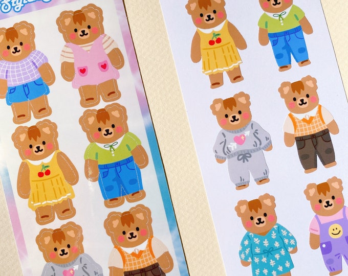 Cute Kawaii bear outfits sticker sheet | dress up bear, 6 ring binder, cute sticker stationery, planner stickers, kpop journal, polcos