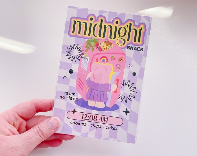 Midnight snack art print post card | 4x6 inch wall decor, kawaii art, cute wall art, penpal, kawaii stationery, cute postcard collection