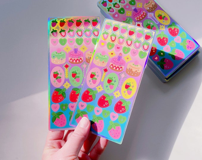 Cute Kawaii Strawberry holographic sticker sheet | polcos photocard toploader stickers, binder journal, planner stickers, bujo stickers