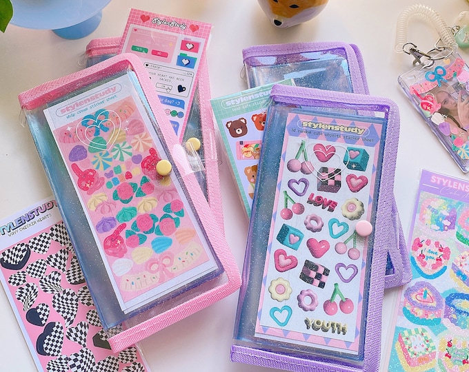 Pink Purple Sticker Album Organizer Storage | Sticker sheet protector, cute kawaii stationery, korean sticker deco sticker sheet photo strip