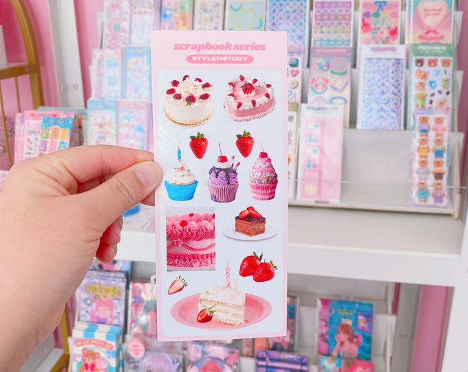 Aesthetic Cake sticker sheet | scrapbook series, junk journal, bujo, kawaii stationery, planner stickers, pink strawberry cake design