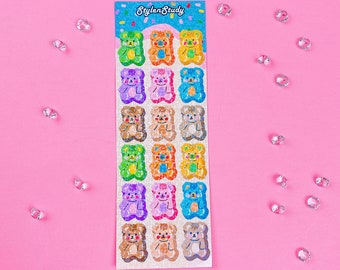 Cute Holographic Jelly Bear Sticker Sheet | Colorful cute kawaii bear sticker for bullet journal, polcos, 6 ring binder, planner stickers
