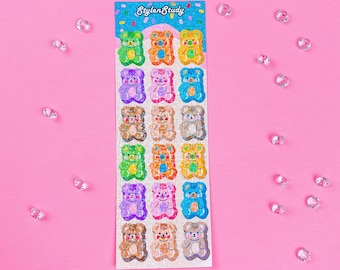 Cute Holographic Jelly Bear Sticker Sheet | Colorful cute kawaii bear sticker for bullet journal, polcos, 6 ring binder, planner stickers