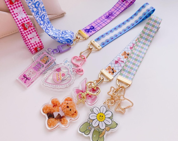 Lanyard acrylic keychains, Cute art illustration keyring, key organizer, key holder, bag charm, wristlet strap, cake balloon dog cherry