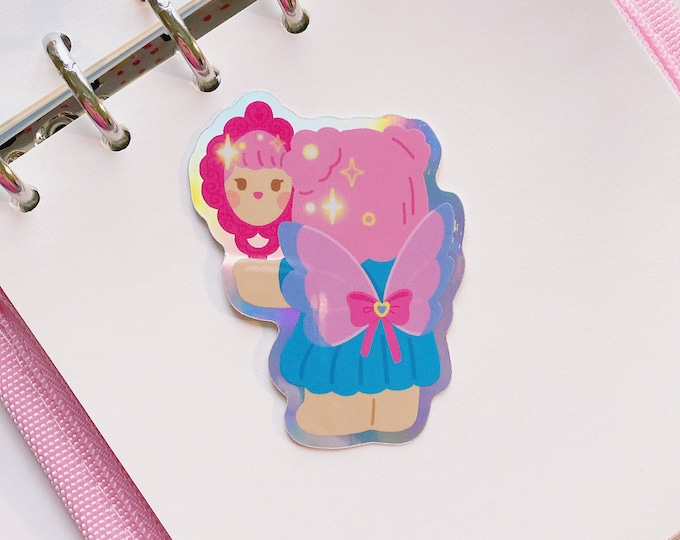 Girly Fairy Bear with Mirror Holographic vinyl sticker | 2.5 in