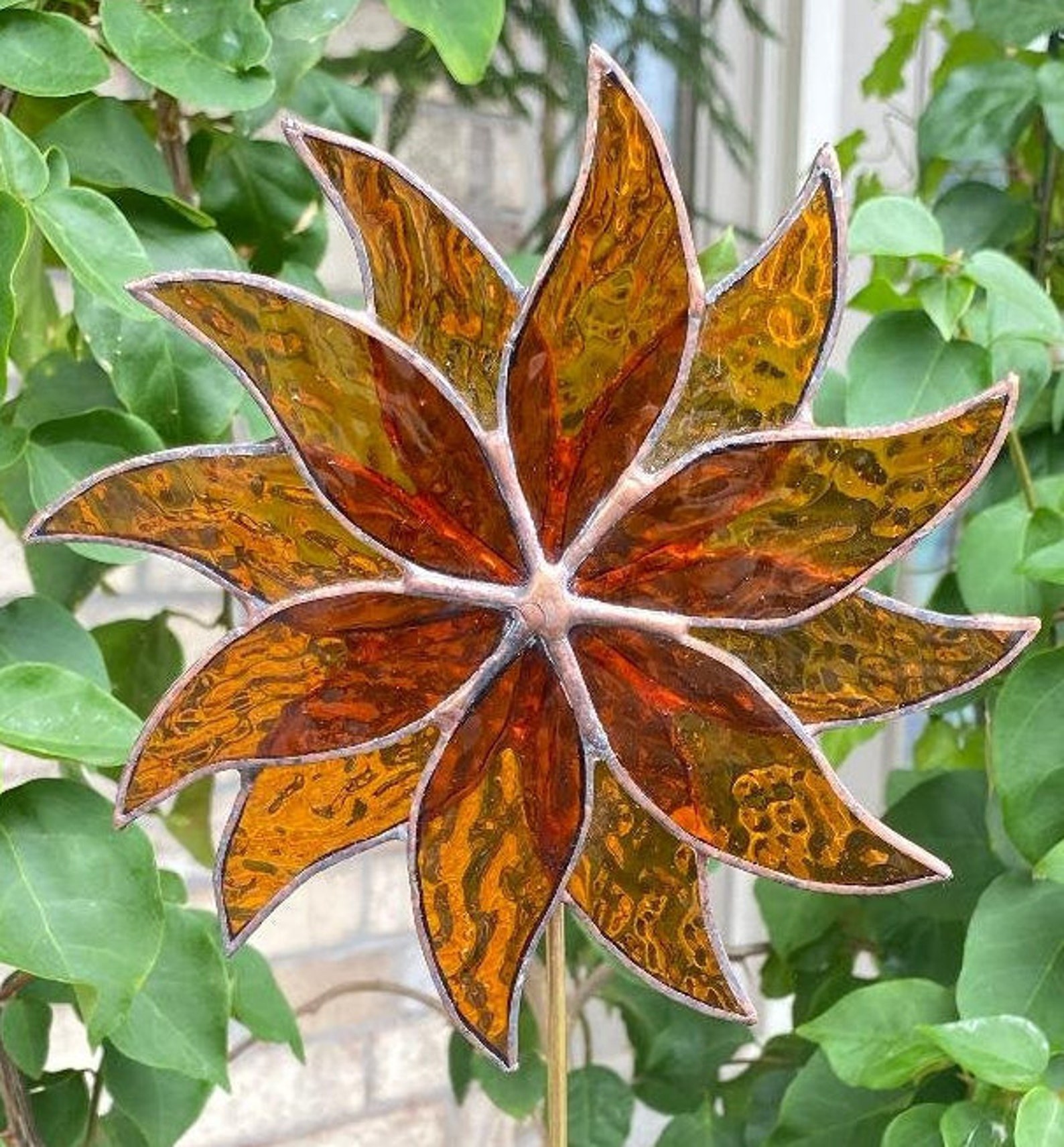Gold Stained Glass Flower Garden Stake Plant Poke Yard Etsy