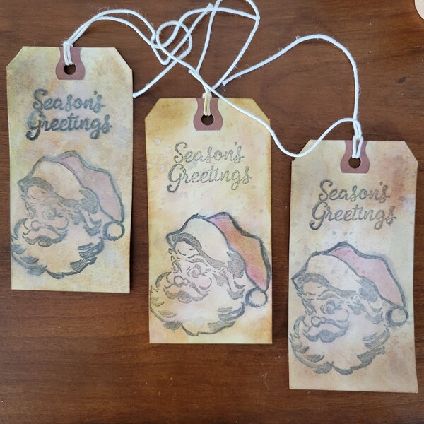 Christmas Vintage Santa #5 Manilla Distressed Inked Gift Tag Unique Gifting Tag Set of 3