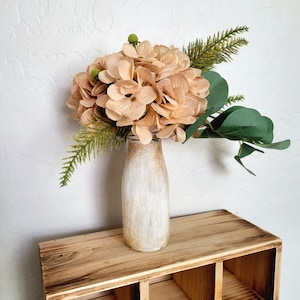 Small Faux Flower Arrangement /Blush Hydrangeas Fern Eucalyptus in painted weathered milk bottle / home decor / Silk flowers