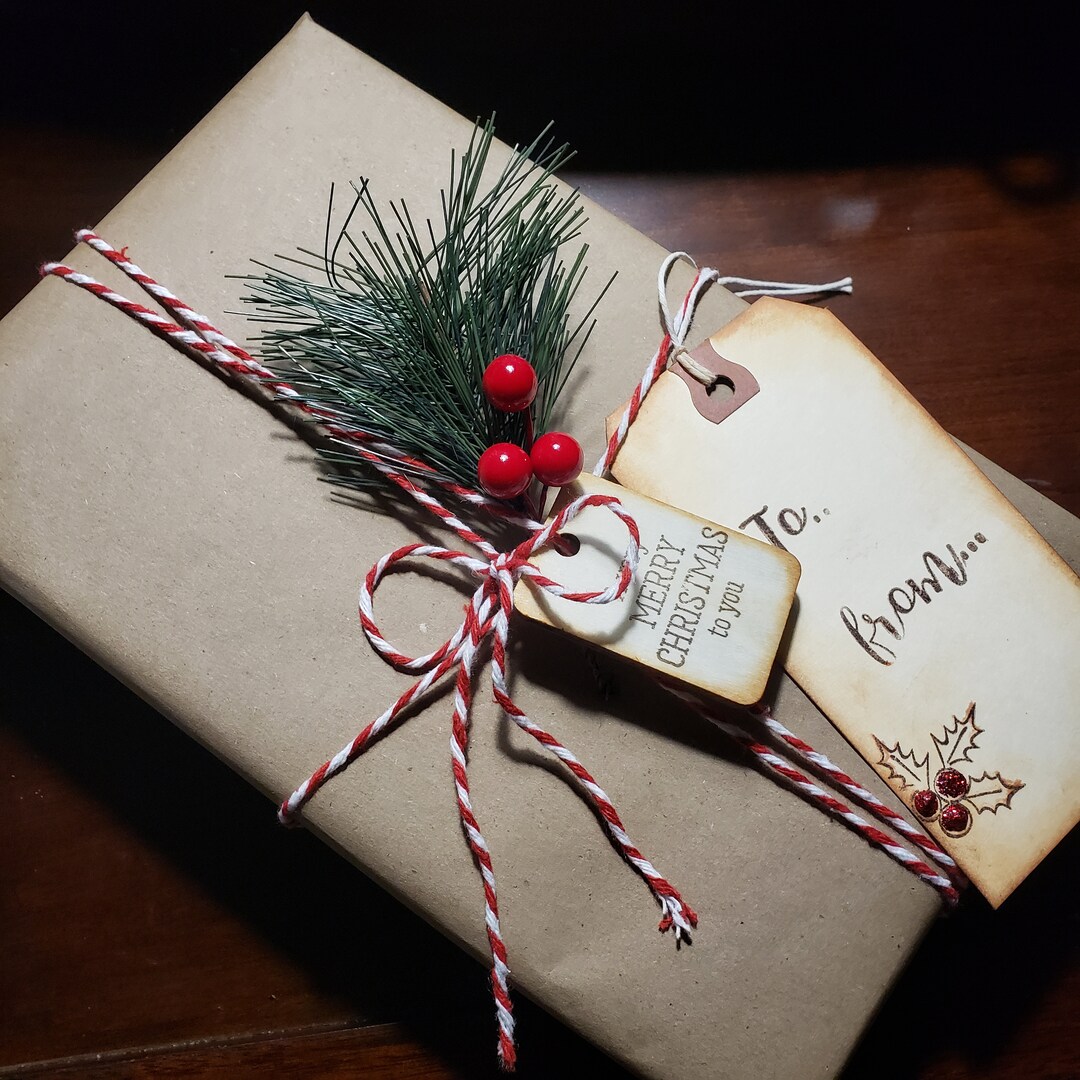 Gift Wrapping Kit / Christmas Gift Wrapping / Evergreen and Berry Themed Wrapping /wood Tags