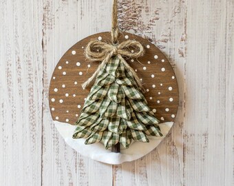 Made To Order - Snowy Woods Pine Tree Ornament, Winter Wood Ornaments, Evergreen Tree Decor, Christmas Plaid, Farmhouse Christmas Decor