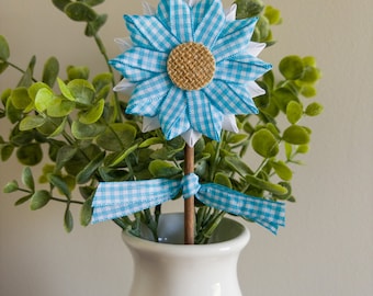 Turquoise and White Gingham Flower Pick, Turquoise Colored Flowers, Summer Floral Decor, Spring Flowers, Farmhouse Flowers, Gingham Decor