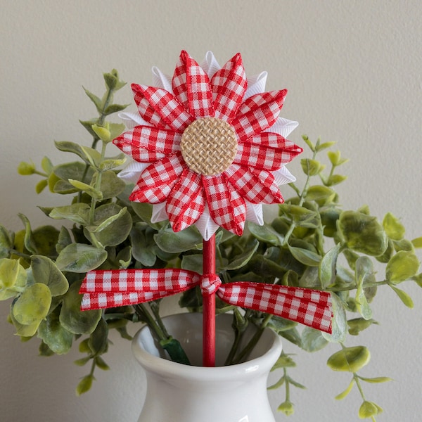 Red and White Gingham Plaid Flower Pick, Modern Farmhouse Floral, Daisy Decor, Spring Flowers, Summer Floral, Handmade Flowers