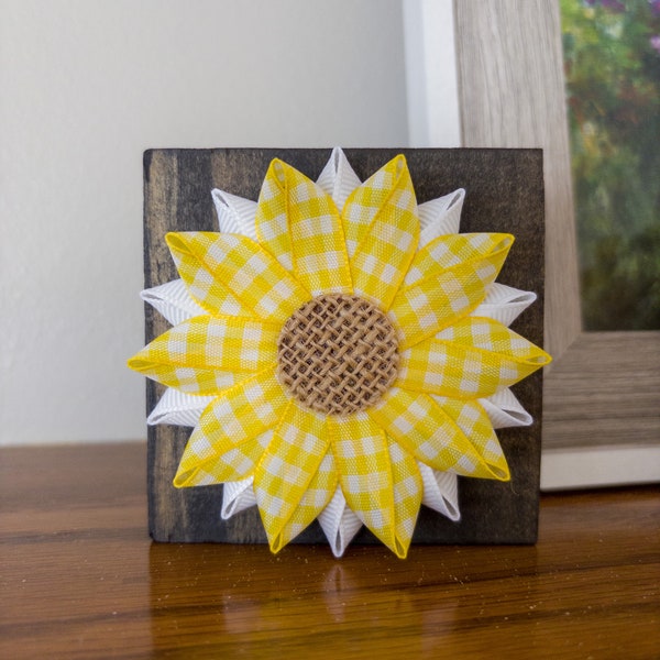 Custom Order for Mary - Yellow and White Gingham Plaid Flower Wood Block