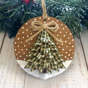 Snowy Woods Wood Ornament: Plaid Ribbon Tree, Farmhouse Christmas Decor