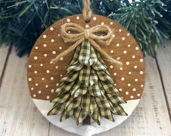 Snowy Woods Wood Ornament: Plaid Ribbon Tree, Farmhouse Christmas Decor