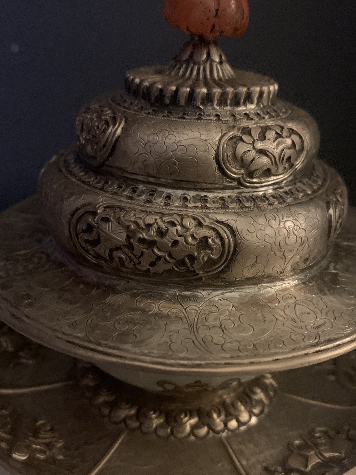 An antique carved silver Tibetan cup stand Etsy