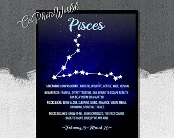 Pisces Character Traits - Horoscope Wall Art - Zodiac Poster - Gift For Pisces - Pisces Print - Constellation Poster - Birthday Gift Ideas