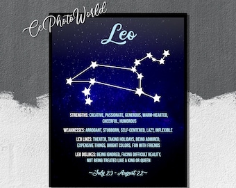 Leo Character Traits - Horoscope Wall Art - Zodiac Poster - Gift For Leo - Leo Print - Constellation Poster - Leo Birthday Gift Ideas
