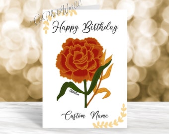 October Birthday Card - Floral Birthday Card - Marigold Birthday Card - Blank Birthday Card - Custom Birthday Card - Handmade Birthday Card